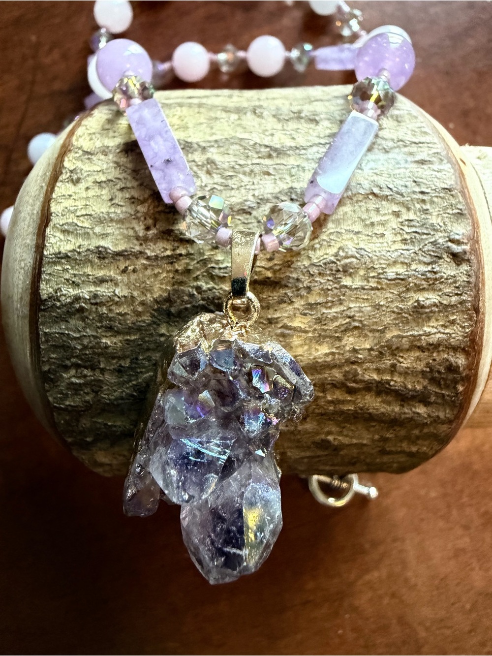 Handmade Lavender Crystal Pendant Necklace - Pink & Purple Beaded Earrings